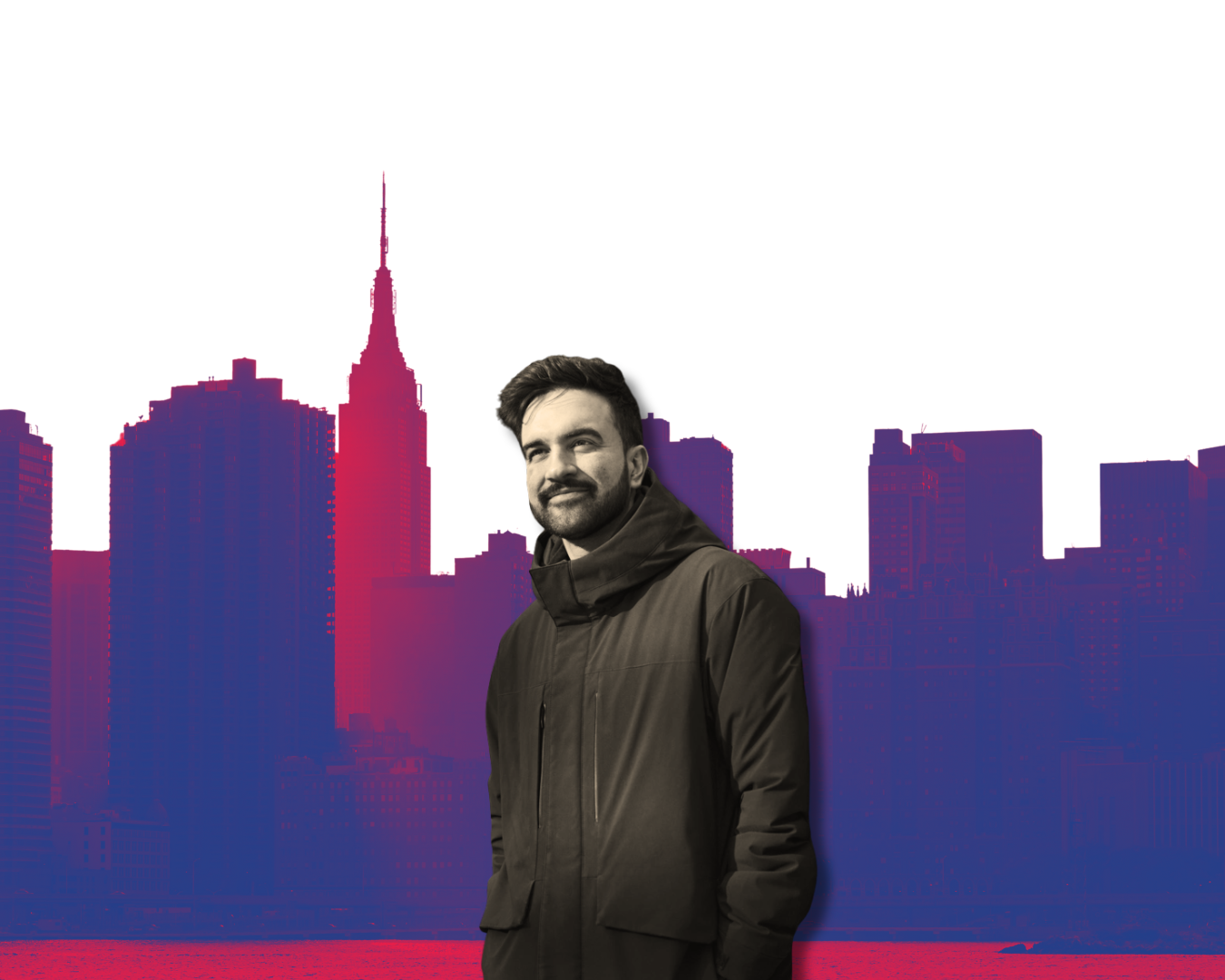Zohran Mamdani standing before the New York City skyline
